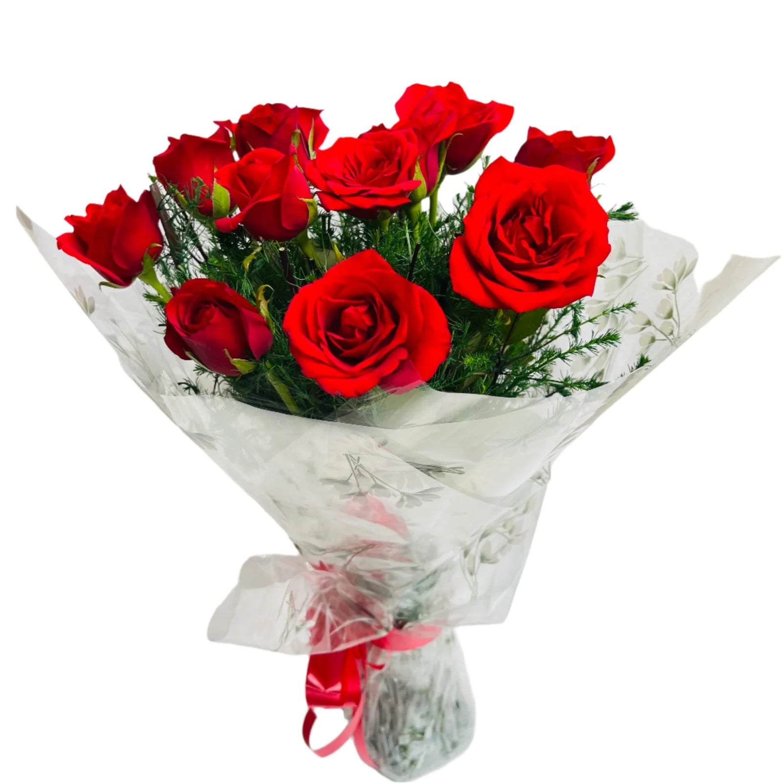 Express love with a timeless bouquet of red roses wrapped in white paper. Ideal for anniversaries and birthday.