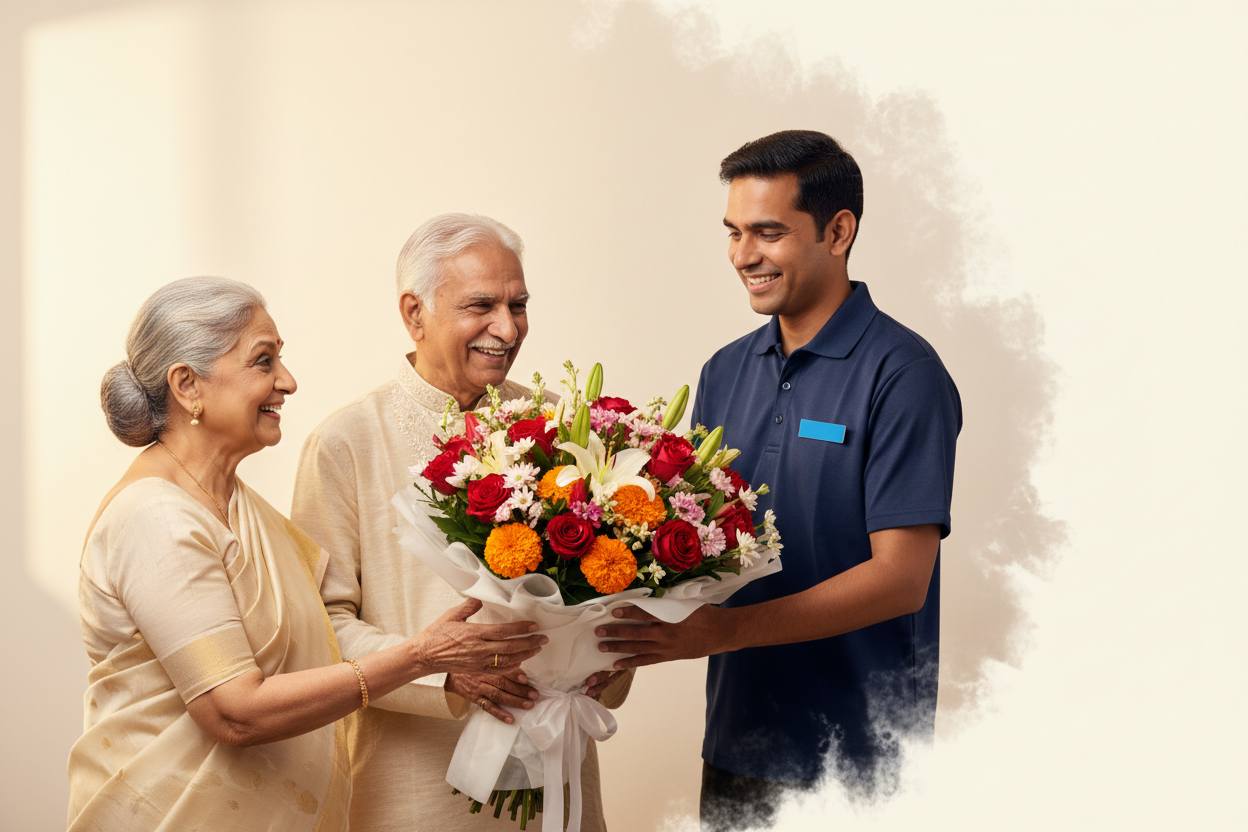 Old Indian parents receiving a flower bouquet from a Delivery agent, looking emotional, happy, and pleasantly surprised,. Soft warm lighting, pastel/cream background, cinematic feel, subtle bokeh, depth of field. Family love and bonding. Modern, heartwarming, website banner style. Leave plain space for text on one side that smudges from the image . 1280×350, high-resolution, clean.